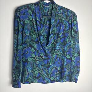Vintage Paul Stanley Blazer Jacket 100% Silk Women’s  Floral Blue Black  Size 8